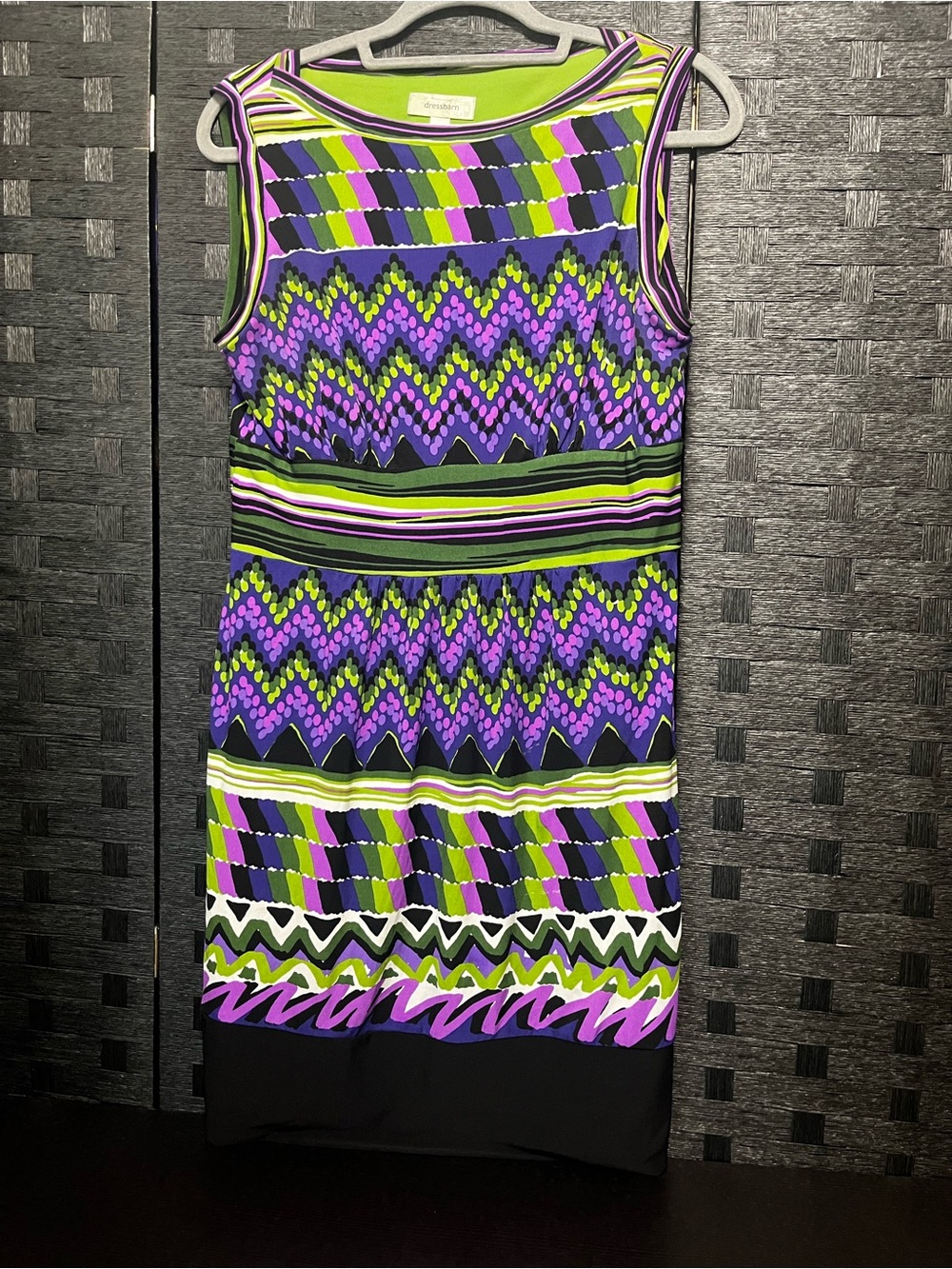 Dressbarn Sleeveless Zigzag & Stripe Print Dress in Purple, Lime & Black Size 10
